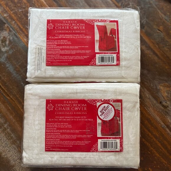 Damask Dining Room Chair Cover Christmas Ribbons White Armless Chairs Up To 42" - Picture 3 of 4